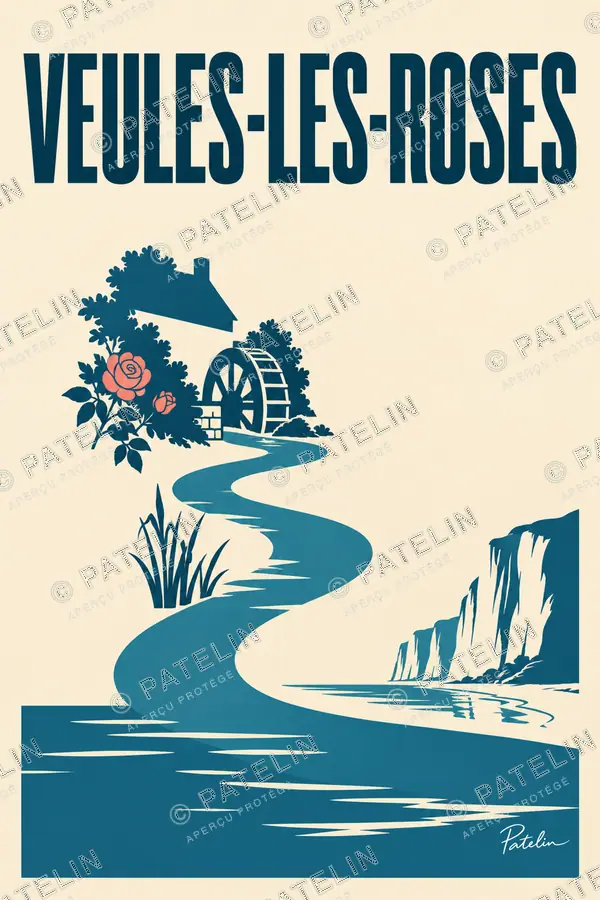 Illustration Veules-les-Roses — Le moulin, la rivière et les falaises, style Minimal