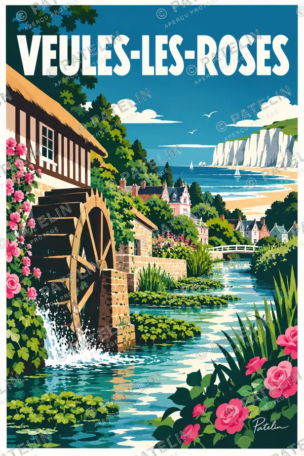Illustration Veules-les-Roses — Le moulin au fil de l’eau, style Pop