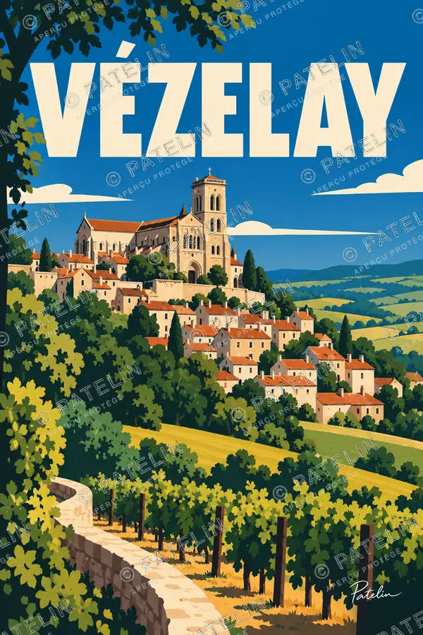 Illustration Vézelay — Le village et la basilique, style Pop