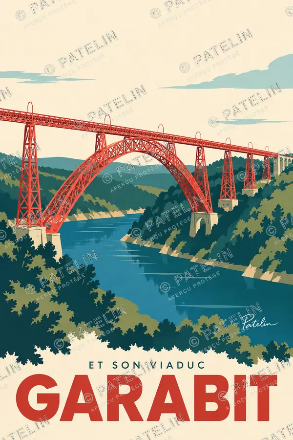 Illustration Viaduc de Garabit — L’arche rouge et la rivière, style Minimal