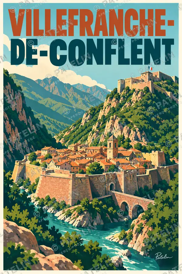 Illustration Villefranche-de-Conflent — Les remparts dans la vallée, style Pop
