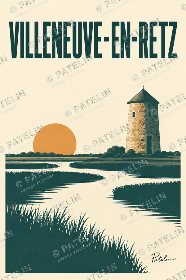 Illustration Villeneuve-en-Retz — Le moulin au bord de l’eau, style Minimal
