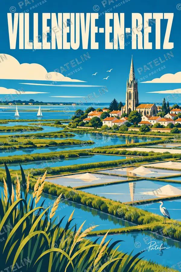 Illustration Villeneuve-en-Retz — Le village et les marais, style Pop