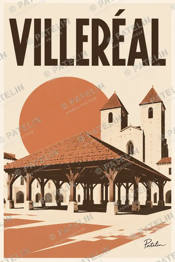Illustration Villeréal — La halle et le clocher, style Minimal