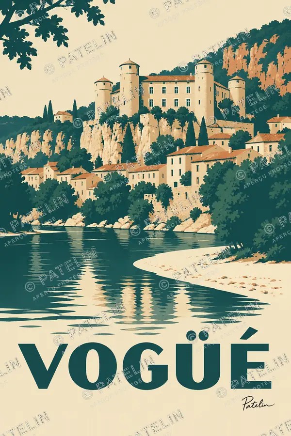 Illustration Vogüé — Le château au bord de l’Ardèche, style Minimal