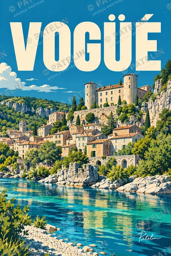 Illustration Vogüé — Le château au bord de l’Ardèche, style Pop