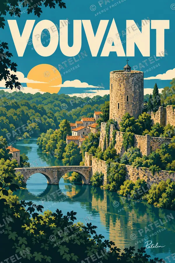 Vouvant — La tour et le vieux pont, illustration Pop