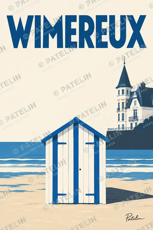 Illustration Wimereux — La cabine bleue face à la mer, style Minimal