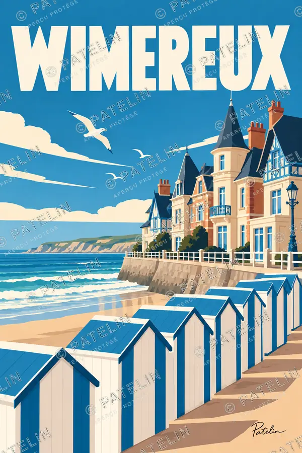Illustration Wimereux — Les cabines bleues et les villas, style Pop