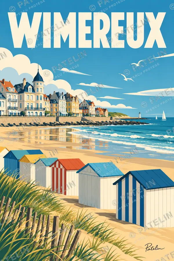 Illustration Wimereux — Les cabines dans les dunes, style Pop