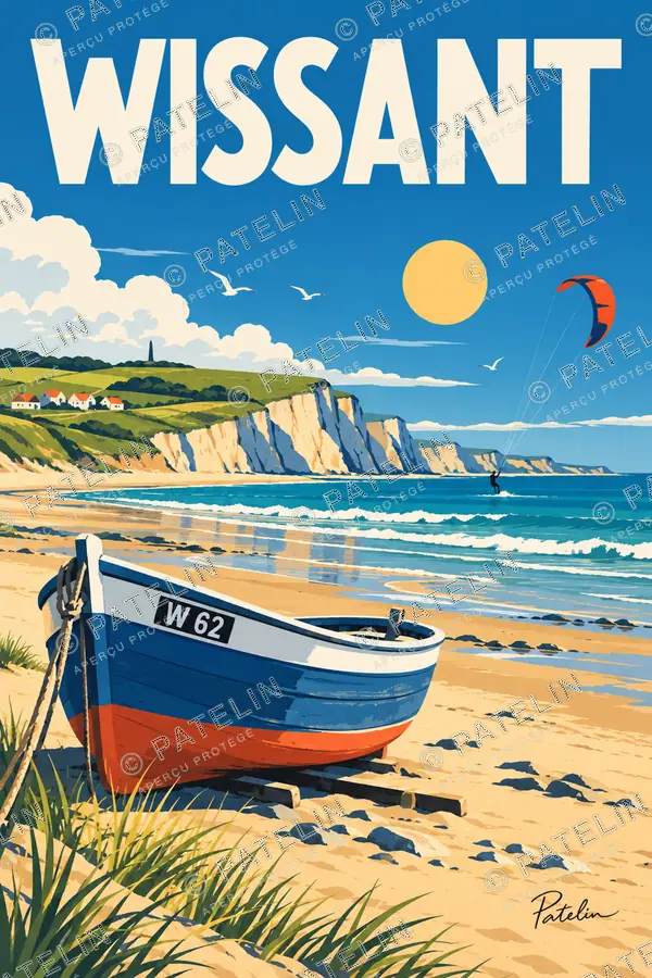 Illustration Wissant — La barque et les falaises au soleil, style Pop