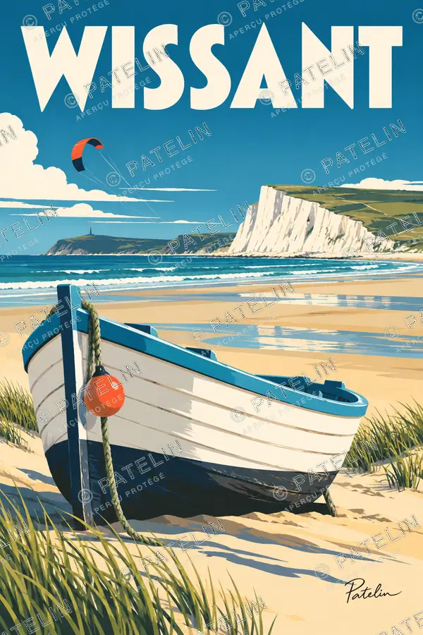 Illustration Wissant — La barque au pied des falaises, style Pop