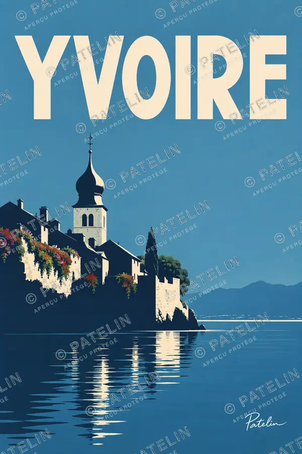 Illustration Yvoire — Le clocher et les reflets, style Minimal