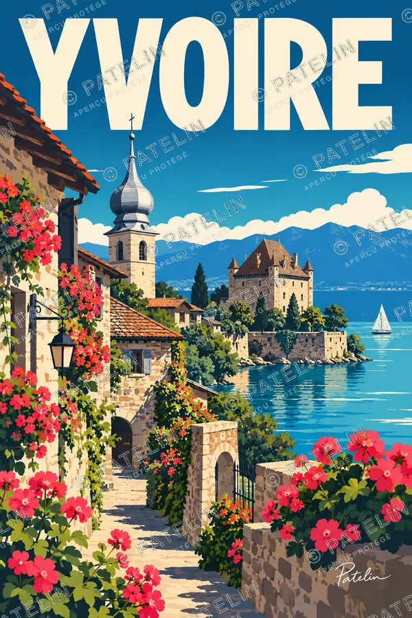 Illustration Yvoire — Le port et le village fleuri, style Pop