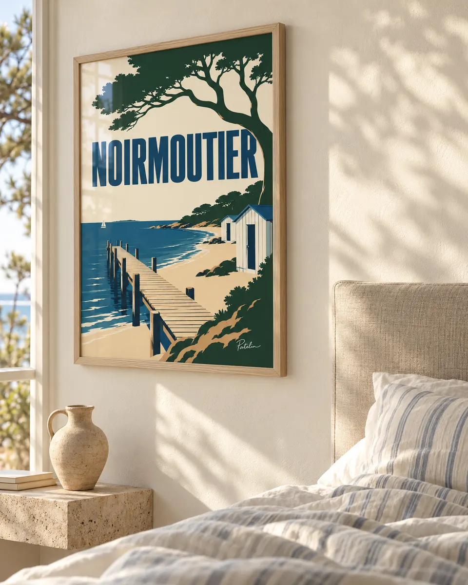 Mise en situation de l’affiche Noirmoutier Minimal dans une chambre claire