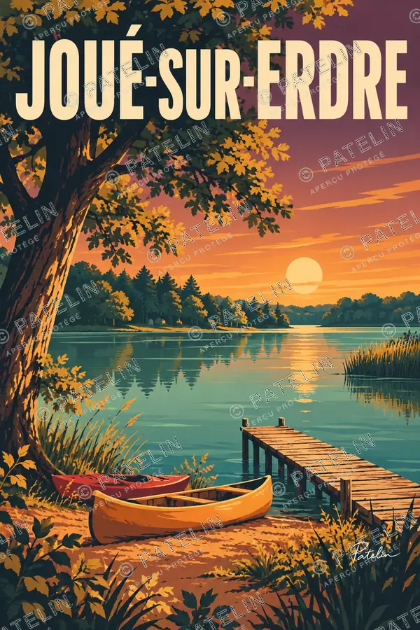 Illustration Joué-sur-Erdre — Le ponton au crépuscule, style Pop
