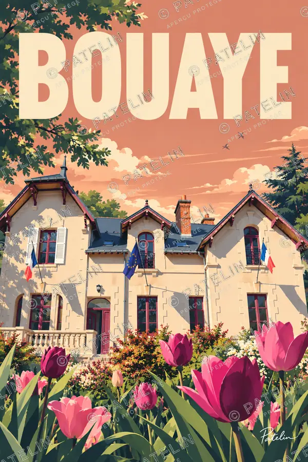 Illustration Bouaye — La mairie et les fleurs, style Pop
