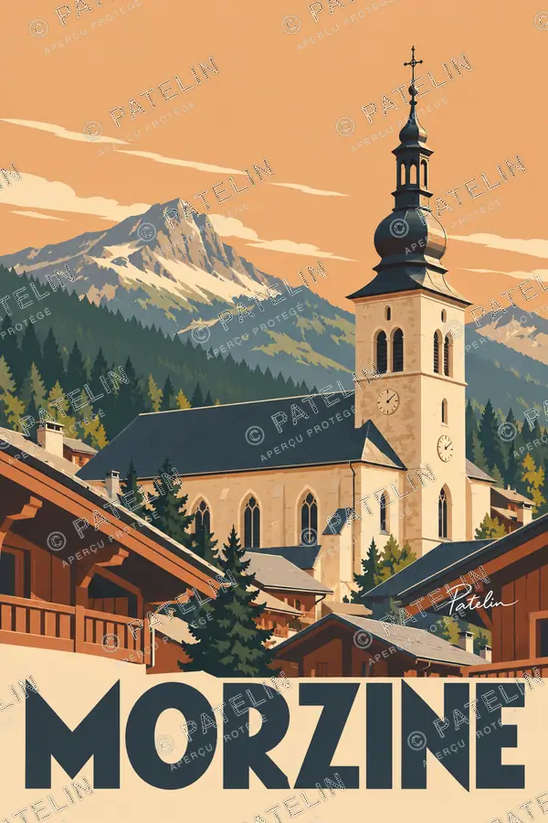 Illustration Morzine — L’église au-dessus du village, style Minimal