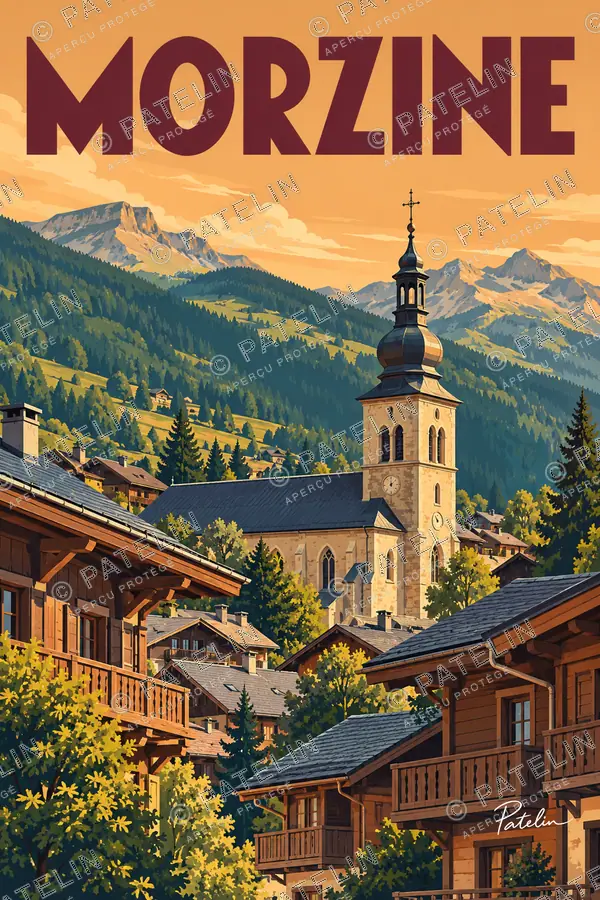 Illustration Morzine — L’église au-dessus du village, style Pop