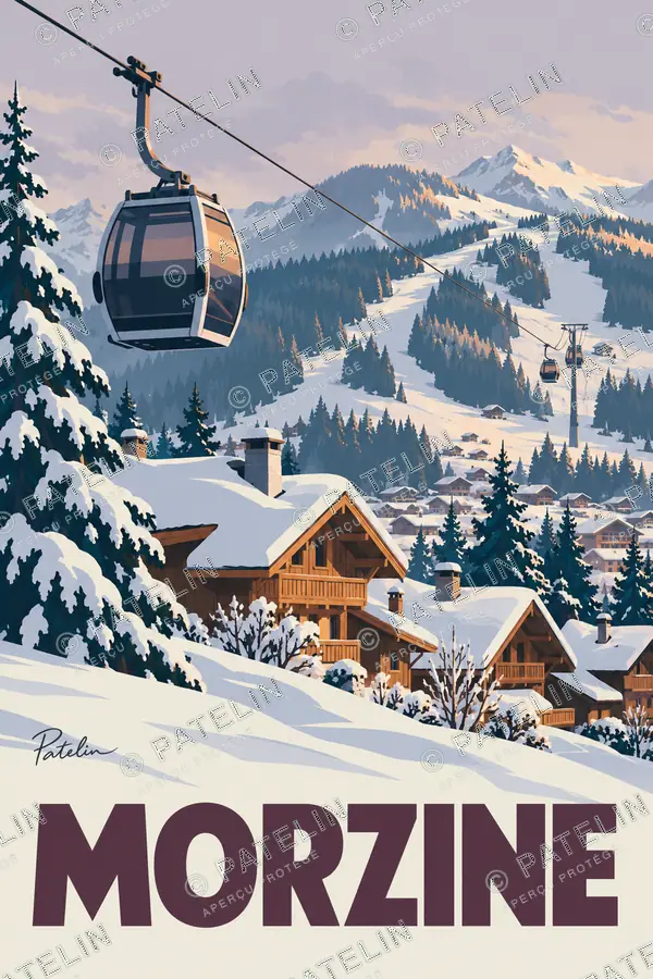 Illustration Morzine — La télécabine face aux sommets, style Pop