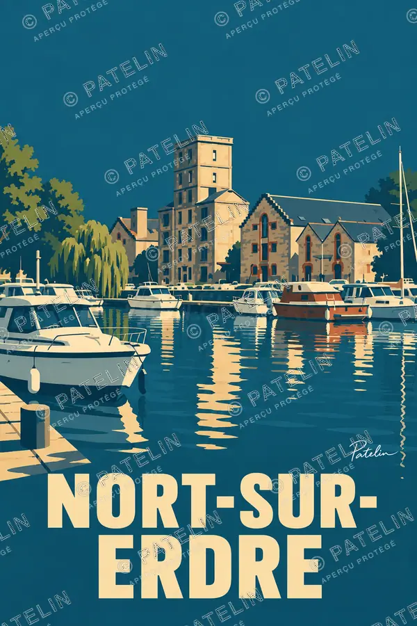 Illustration Nort-sur-Erdre — Le bassin et ses bateaux, style Minimal