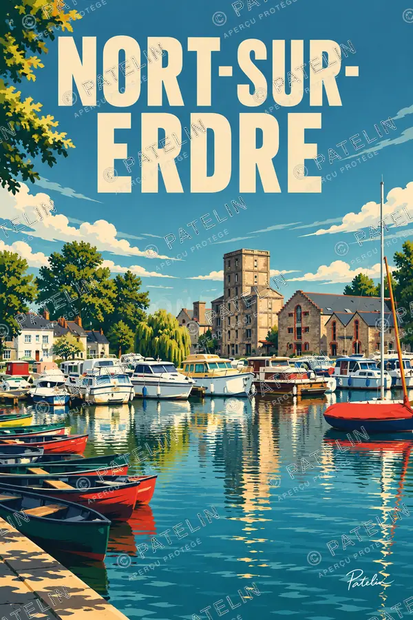 Illustration Nort-sur-Erdre — Le bassin et ses bateaux, style Pop