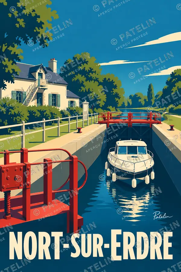 Illustration Nort-sur-Erdre — Le bateau à l’écluse de Quiheix, style Minimal
