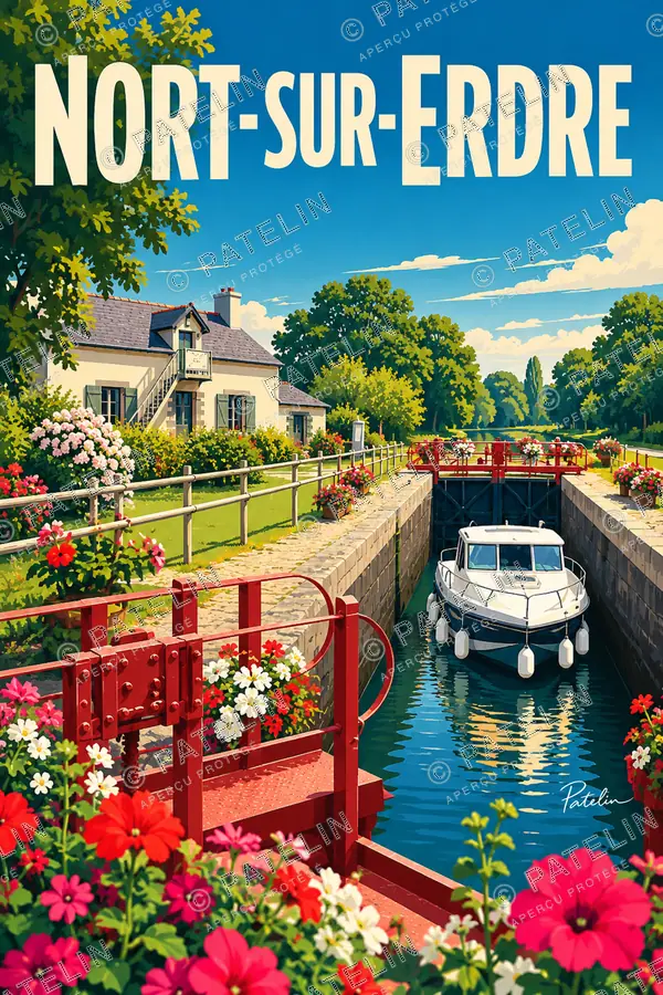 Illustration Nort-sur-Erdre — Le bateau à l’écluse de Quiheix, style Pop
