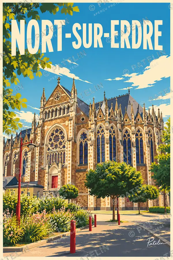 Illustration Nort-sur-Erdre — L’église dans la lumière, style Pop