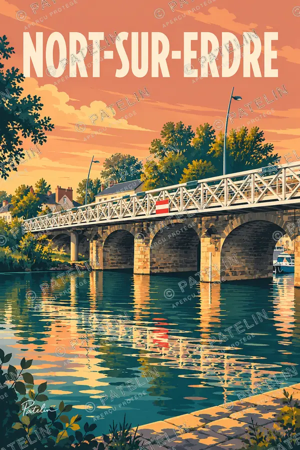 Illustration Nort-sur-Erdre — Le pont Saint-Georges et ses reflets, style Pop