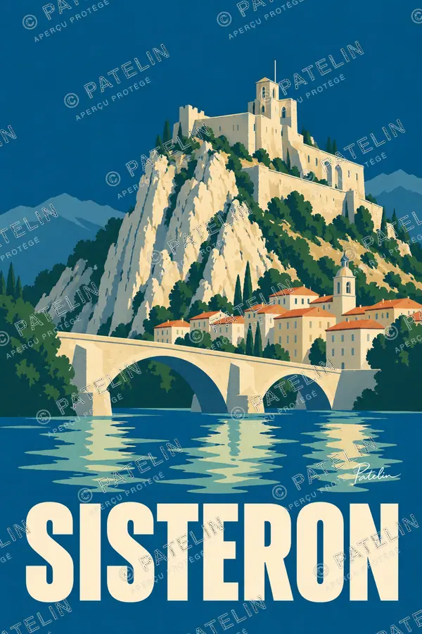 Illustration Sisteron — La citadelle et le pont sur la Durance, style Minimal