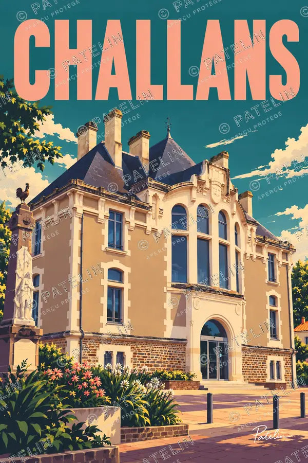 Illustration Challans — L’ancienne mairie en perspective, style Pop