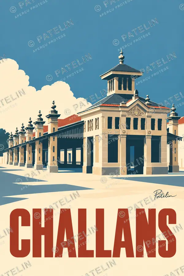 Illustration Challans — La place des anciennes halles, style Minimal