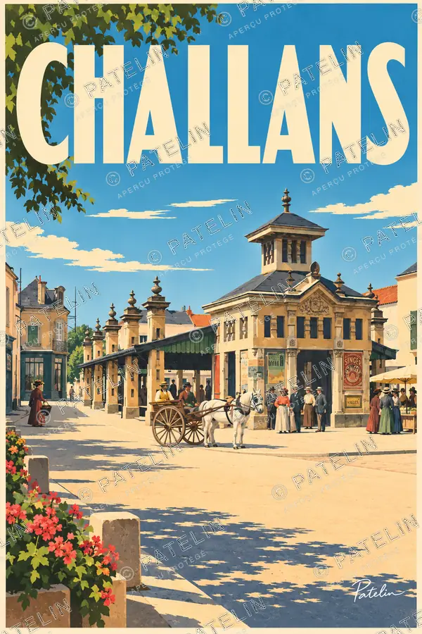 Illustration Challans — La place des anciennes halles, style Pop