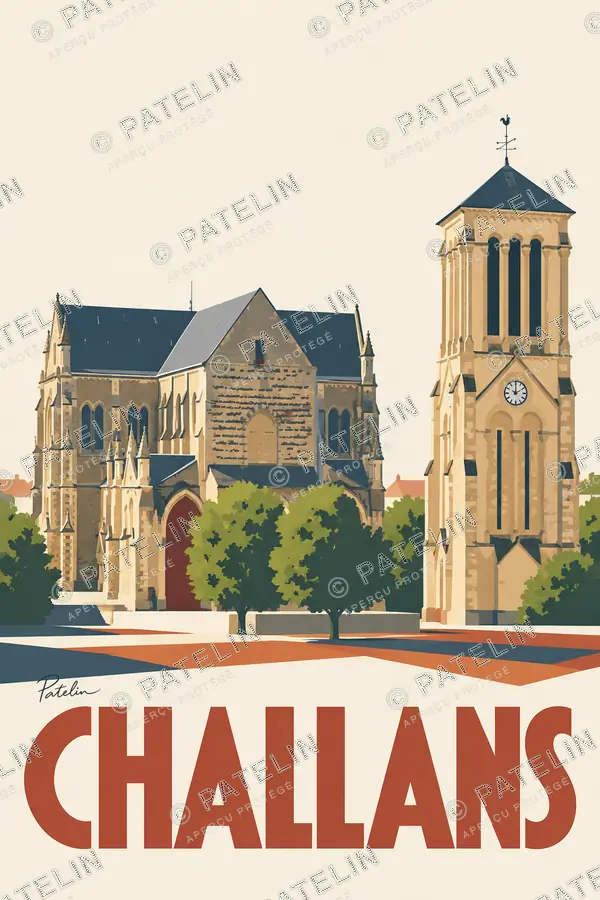 Illustration Challans — L’église et son clocher, style Minimal