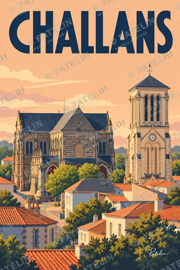Illustration Challans — L’église et son clocher, style Pop