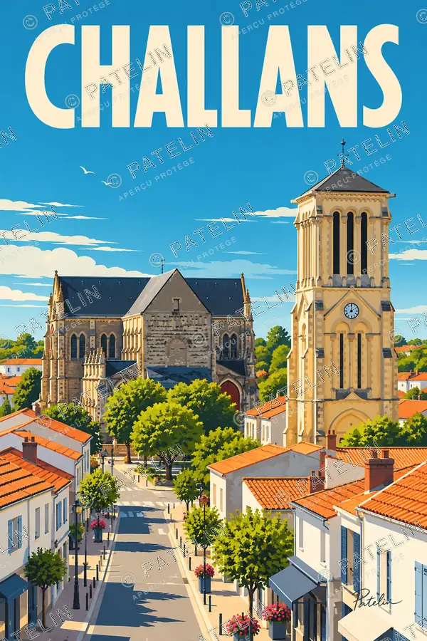 Illustration Challans — L’église au-dessus des toits, style Pop