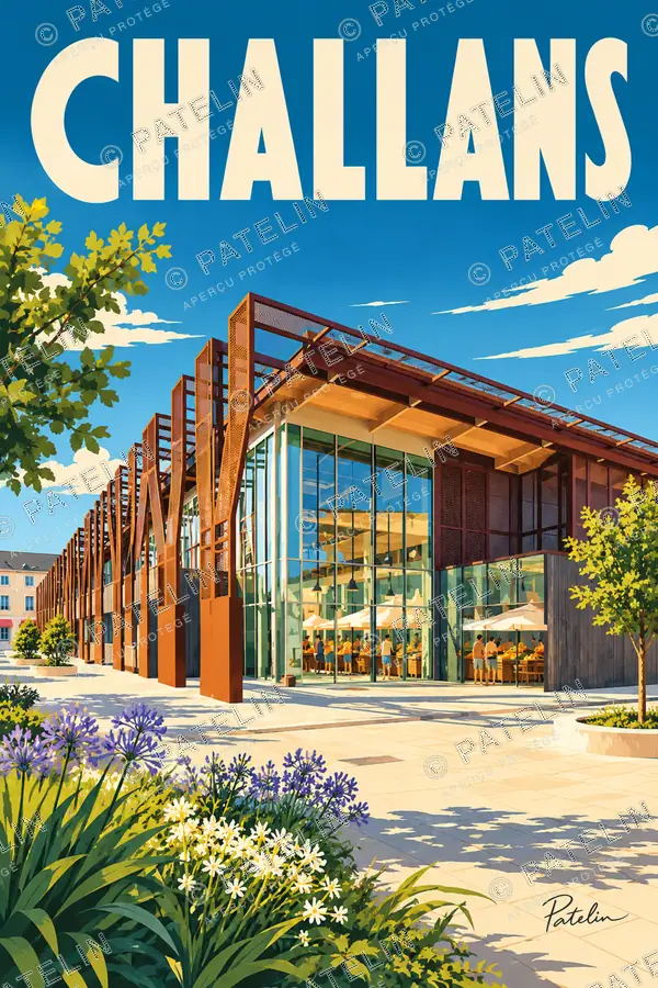 Illustration Challans — Les nouvelles halles en perspective, style Pop
