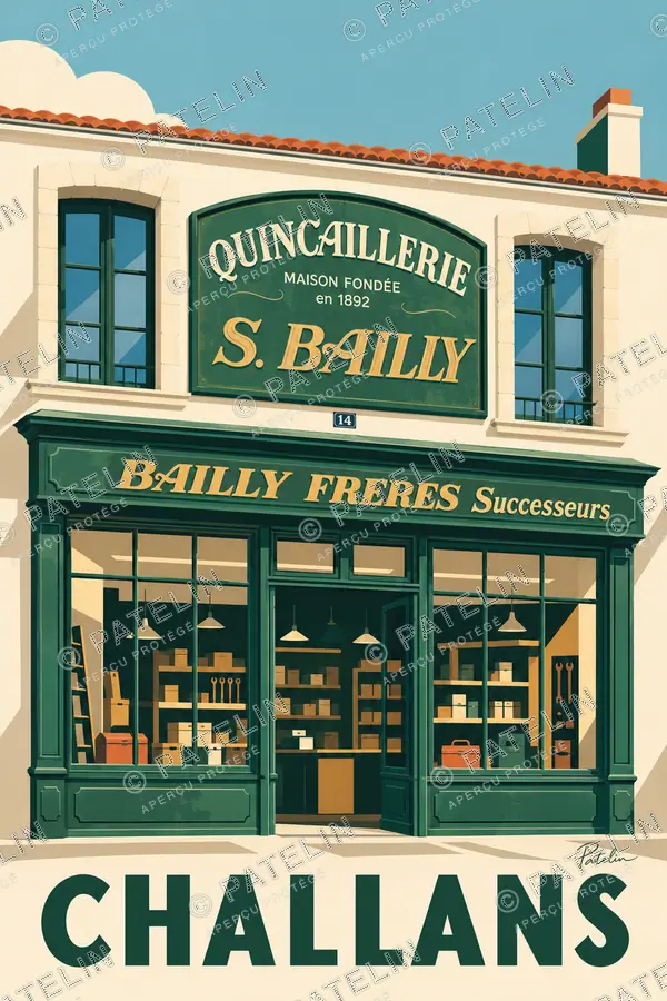 Illustration Challans — La devanture de la quincaillerie Bailly, style Minimal