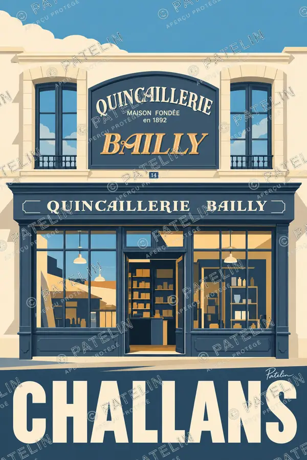 Illustration Challans — La façade de la quincaillerie Bailly, style Minimal