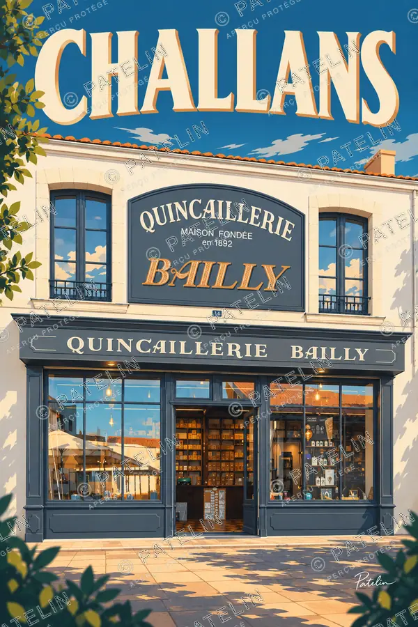 Illustration Challans — La façade de la quincaillerie Bailly, style Pop