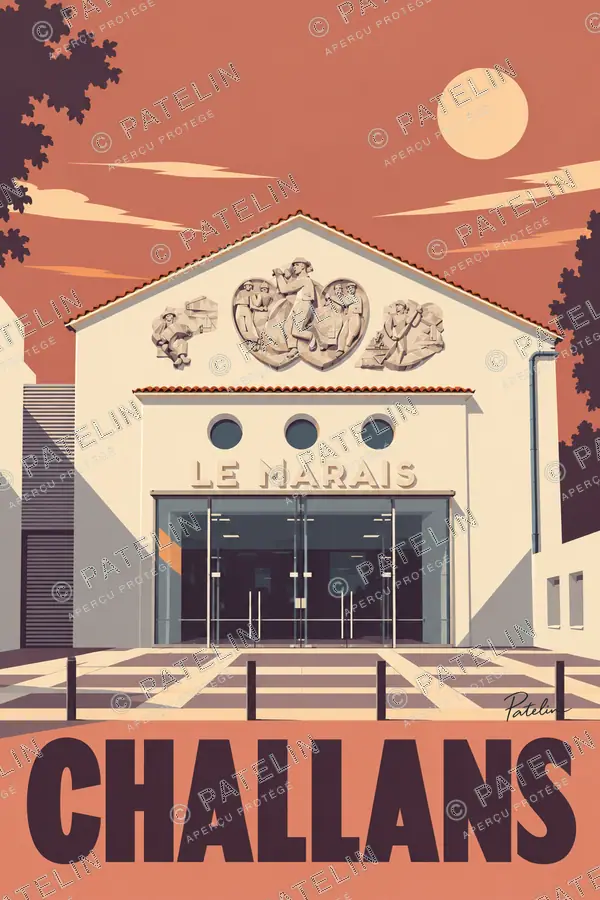 Illustration Challans — La façade du théâtre Le Marais, style Minimal