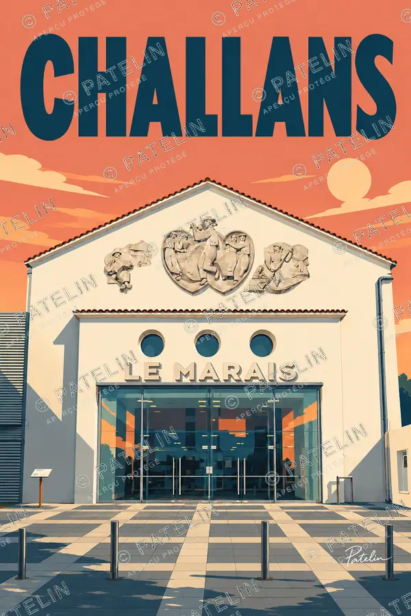 Illustration Challans — La façade du théâtre Le Marais, style Pop