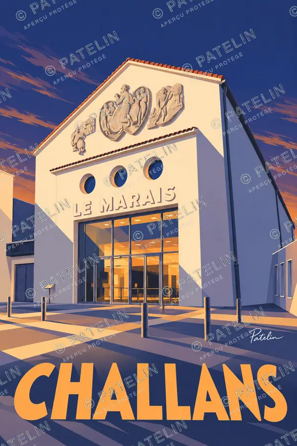 Illustration Challans — Le théâtre Le Marais en perspective, style Pop