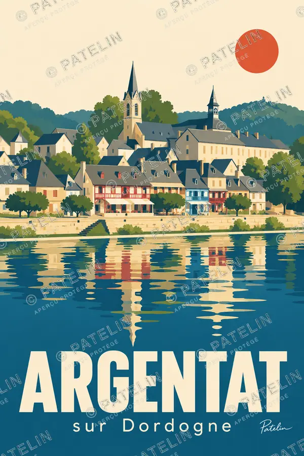 Illustration Argentat-sur-Dordogne — La ville au soleil rouge, style Minimal