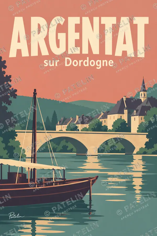 Illustration Argentat-sur-Dordogne — Le pont et la gabare, style Minimal