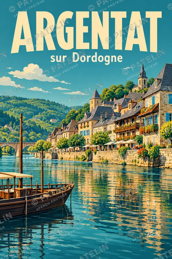Illustration Argentat-sur-Dordogne — Les quais et la gabare, style Pop
