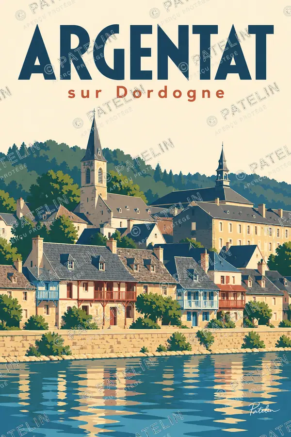 Illustration Argentat-sur-Dordogne — Les toits et le clocher, style Minimal