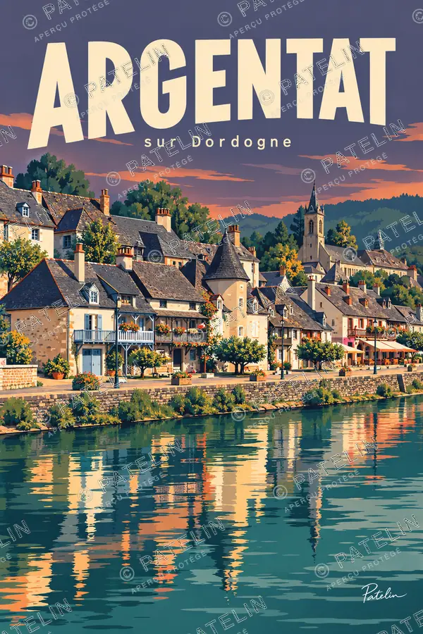 Illustration Argentat-sur-Dordogne — Les reflets au couchant, style Pop