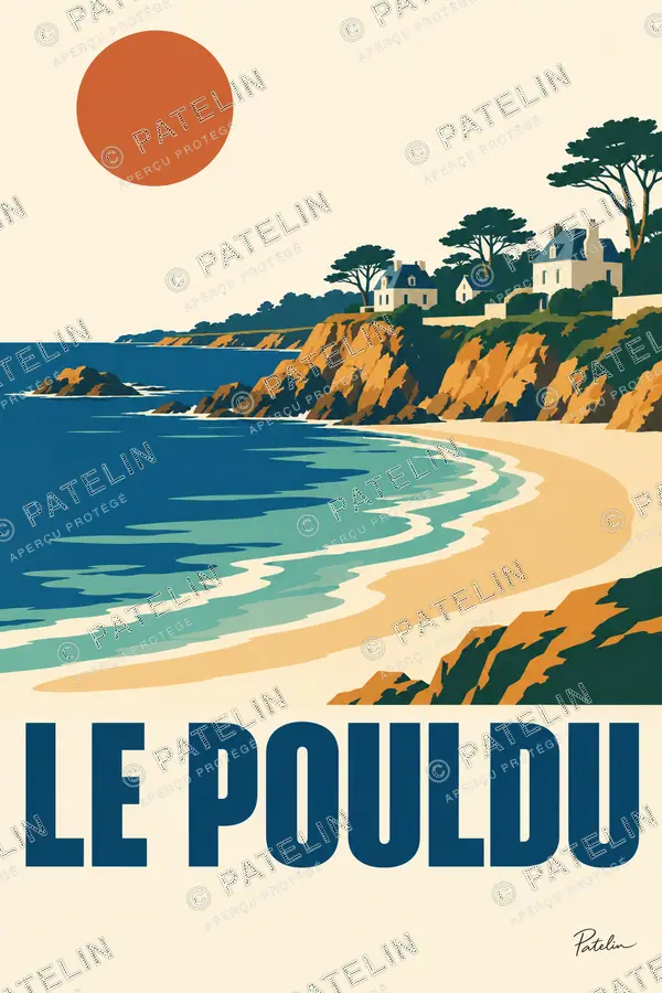 Illustration Le Pouldu — La plage et la falaise, style Minimal